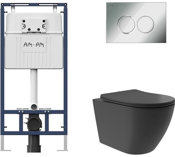 Комплект AM.PM MasterFit инсталляция для подвесного унитаза с клавишей ProC L, хром глянц + унитаз подвесной Long 520x365 безободковый, Vortex, сиденье Soft-Close, черный матовый, форма овал I012710.0151OV0240 1