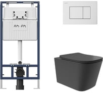 Комплект AM.PM MasterFit инсталляция для подвесного унитаза с клавишей ProC S, белый глянц + унитаз подвесной Long 525x345 безободковый, Vortex, сиденье Soft-Close, черный матовый, форма квадрат I012710.0201QV0240