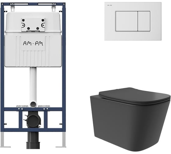 Комплект AM.PM MasterFit инсталляция для подвесного унитаза с клавишей ProC S, белый глянц + унитаз подвесной Long 525x345 безободковый, Vortex, сиденье Soft-Close, черный матовый, форма квадрат I012710.0201QV0240 1