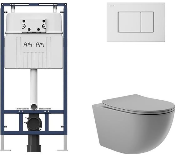 Комплект AM.PM MasterFit инсталляция для подвесного унитаза с клавишей ProC S, белый глянц + унитаз подвесной 525x360 безободковый, сиденье Soft-Close, серый матовый, форма овал I012710.0201O0130 1