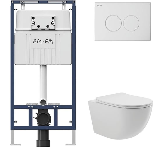 Комплект AM.PM MasterFit инсталляция для подвесного унитаза с клавишей ProC L, белый глянц + унитаз подвесной Long 520x365 безободковый, Vortex, сиденье Soft-Close, белый глянцевый, форма овал I012710.0101OV2110 1