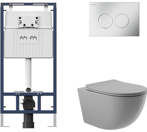 Комплект AM.PM MasterFit инсталляция для подвесного унитаза с клавишей ProC L, матовый хром + унитаз подвесной 525x360 безободковый, сиденье Soft-Close, серый матовый, форма овал I012710.0131O0130 1