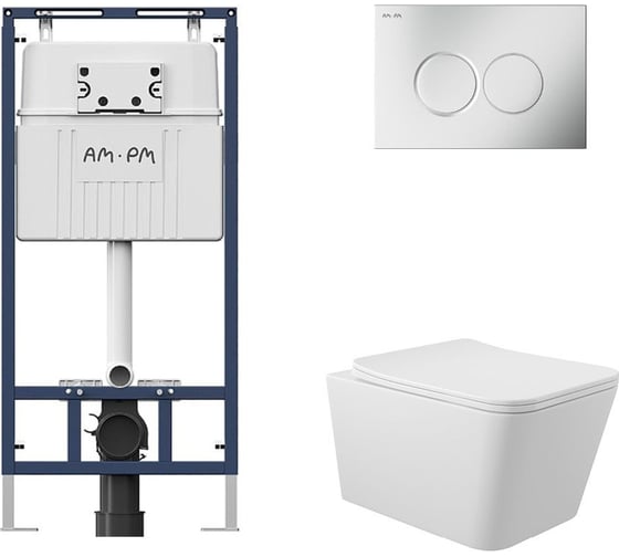 Комплект AM.PM MasterFit инсталляция для подвесного унитаза с клавишей ProC L, матовый хром + унитаз подвесной 520x370 безободковый, сиденье Soft-Close, белый матовый, форма квадрат I012710.0131Q0120 1