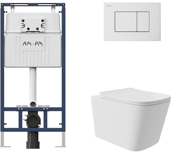 Комплект AM.PM MasterFit инсталляция для подвесного унитаза с клавишей ProC S, белый глянц + унитаз подвесной Long 525x345 безободковый, Vortex, сиденье Soft-Close, белый матовый, форма квадрат I012710.0201QV0220 1