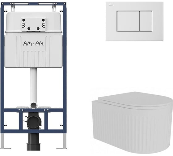 Комплект AM.PM MasterFit инсталляция для подвесного унитаза с клавишей ProC S, белый глянц + FLUIRE 2101 Vortex унитаз подвесной безободковый, быстросъёмное сиденье с микролифтом, белый глян. I012710.0201AL.FLU42101.V.W 1
