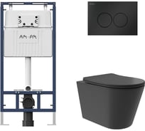 Комплект AM.PM MasterFit инсталляция для подвесного унитаза с клавишей ProC L, матовый черный + унитаз подвесной Long 520x365 безободковый, Vortex, сиденье Soft-Close, черный матовый, форма конус I012710.0138CV0240