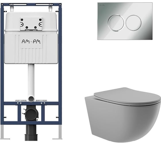 Комплект AM.PM MasterFit инсталляция для подвесного унитаза с клавишей ProC L, хром глянц + унитаз подвесной 525x360 безободковый, сиденье Soft-Close, серый матовый, форма овал I012710.0151O0130 1