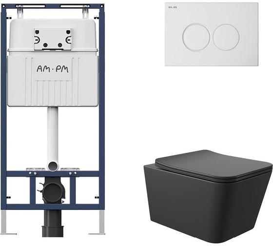 Комплект AM.PM MasterFit инсталляция для подвесного унитаза с клавишей ProC L, белый глянц + унитаз подвесной 520x370 безободковый, сиденье Soft-Close, черный матовый, форма квадрат I012710.0101Q0140 1