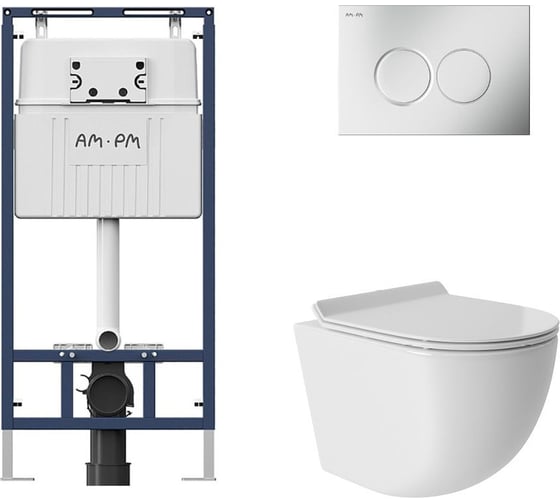 Комплект AM.PM MasterFit инсталляция для подвесного унитаза с клавишей ProC L, матовый хром + унитаз подвесной 480x360 безободковый, Vortex, сиденье Soft-Close, белый глянцевый, форма овал I012710.0131OV0110 1