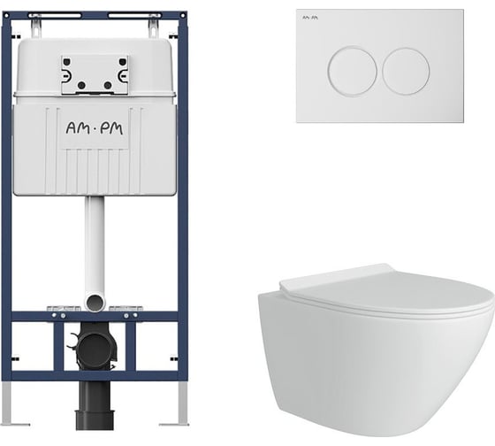 Комплект AM.PM MasterFit инсталляция для подвесного унитаза с клавишей ProC L, белый глянц + FLUIRE унитаз подвесной безободковый, быстросъёмное сиденье с микролифтом, белый глян. I012710.0101AL.FLU40106.W 1