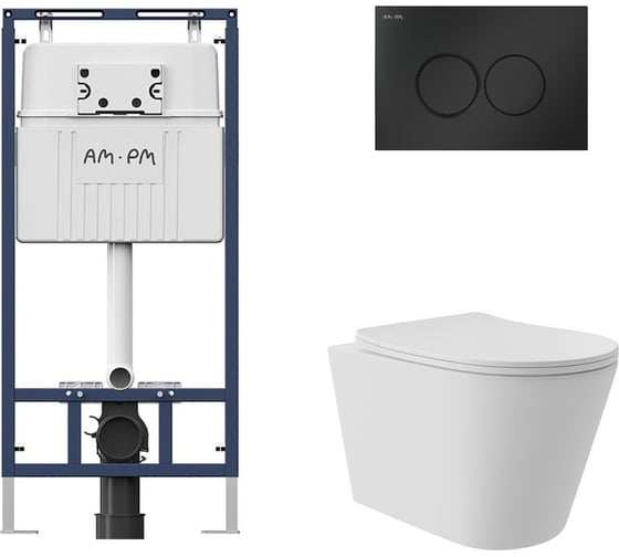 Комплект AM.PM MasterFit инсталляция для подвесного унитаза с клавишей ProC L, матовый черный + унитаз подвесной Long 520x365 безободковый, Vortex, сиденье Soft-Close, белый матовый, форма конус I012710.0138CV0220 1