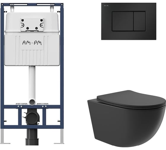 Комплект AM.PM MasterFit инсталляция для подвесного унитаза с клавишей ProC S, матовый черный + унитаз подвесной 525x360 безободковый, сиденье Soft-Close, черный матовый, форма овал I012710.0238O0140 1