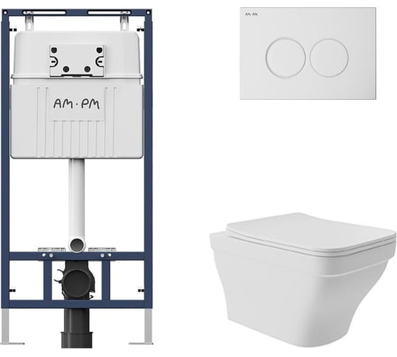 Комплект AM.PM MasterFit инсталляция для подвесного унитаза с клавишей ProC L, белый глянц + унитаз подвесной 520x370 безободковый, сиденье Soft-Close, белый матовый, форма квадрат с выступом I012710.0101E0120 1