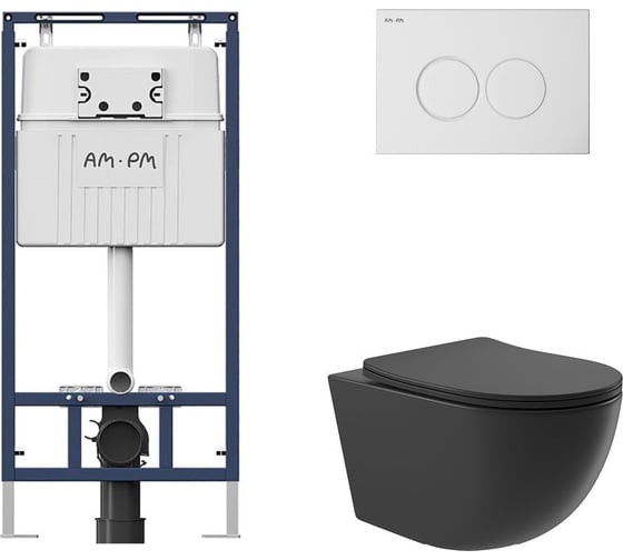 Комплект AM.PM MasterFit инсталляция для подвесного унитаза с клавишей ProC L, белый глянц + унитаз подвесной 525x360 безободковый, сиденье Soft-Close, черный матовый, форма овал I012710.0101O0140 1