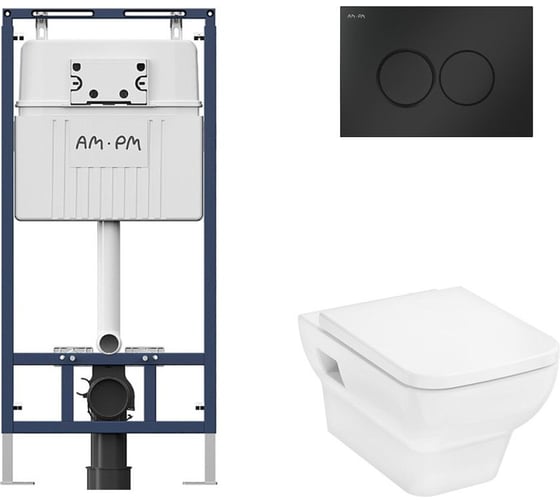 Комплект AM.PM MasterFit инсталляция для подвесного унитаза с клавишей ProC L, матовый черный + CreekTide Q унитаз подвесной 540x360, сиденье с микролифтом, безободковый, белый I012710.0138HGSET001 1