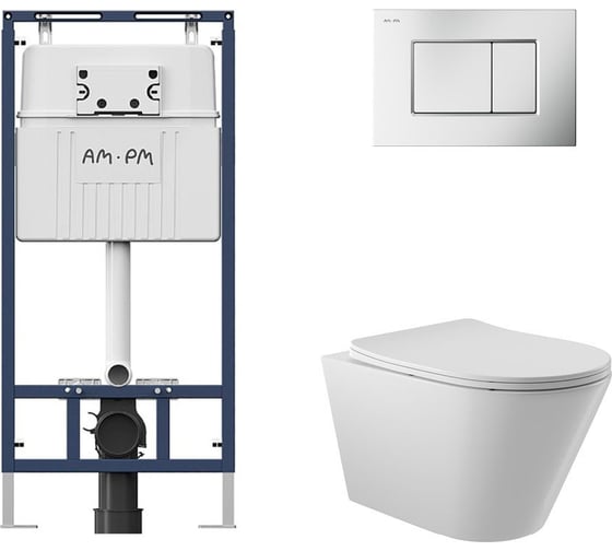 Комплект AM.PM MasterFit инсталляция для подвесного унитаза с клавишей ProC S, матовый хром + унитаз подвесной 525x360 безободковый, сиденье Soft-Close, белый глянцевый, форма конус I012710.0231C0110 1