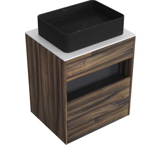 Комплект тумба с раковиной AM.PM Тумба Func, 1 ящик (pull-out), подвесная, 60 см, цвет дерево текстурир-ое/белый глянец + ESPIRAL Раковина накладная прямоугольная 370*500, черный матовый M8FFUX0601OFWGESP0440 1