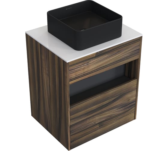 Комплект тумба с раковиной AM.PM Тумба Func, 1 ящик (pull-out), подвесная, 60 см, цвет дерево текстурир-ое/белый глянец + ESPIRAL Раковина накладная квадратная 370*370, черный матовый M8FFUX0601OFWGESP0340 1