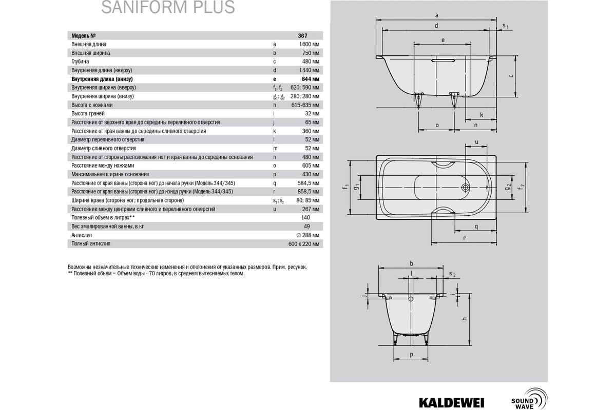 Стальная ванна KALDEWEI SANIFORM PLUS 367 160x75x48 см, 3.5 мм 113800010001  - выгодная цена, отзывы, характеристики, фото - купить в Москве и РФ