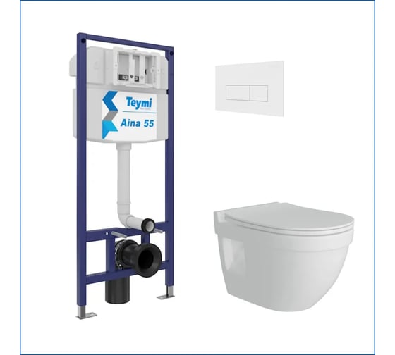 Инсталляция с унитазом комплект 5 в 1 Teymi унитаз подвесной безободковый Vitra Pro кнопка белая F13760 ЦБ-00286383 1