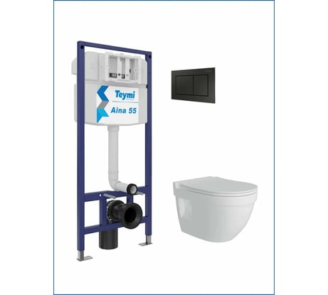 Инсталляция с унитазом комплект 5 в 1 Teymi унитаз подвесной безободковый Vitra Pro кнопка черная F13757 ЦБ-00286386