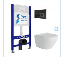 Инсталляция с унитазом комплект 5 в 1 Teymi унитаз подвесной безободковый торнадо Lina Pro Vortex кнопка черная/хром F14474 ЦБ-00285747