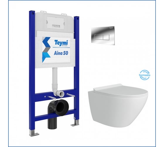 Инсталляция с унитазом комплект 5 в 1 Teymi унитаз подвесной безободковый торнадо Lina Pro Vortex кнопка хром F14470 ЦБ-00284696 1