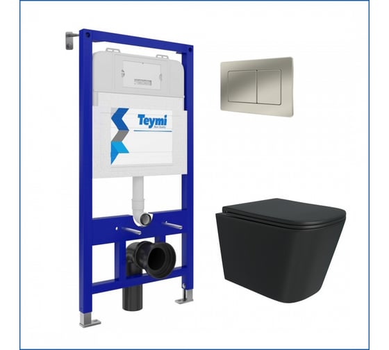 Инсталляция с унитазом комплект 5 в 1 Teymi унитаз подвесной безободковый черный Helmi Black кнопка нержавеющая сталь F13349 ЦБ-00302385 1