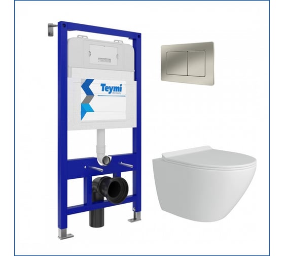 Инсталляция с унитазом Teymi комплект 5 в 1 унитаз подвесной безободковый Lina Pro кнопка нержавеющая сталь F13391 F13391 ЦБ-00302363 1