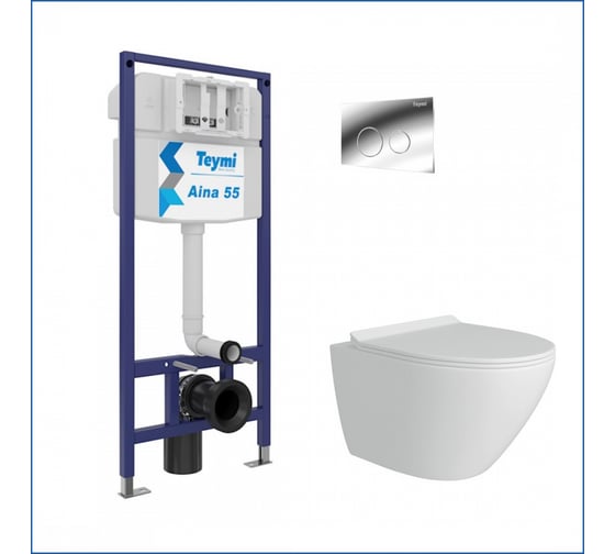 Инсталляция с унитазом Teymi комплект 5 в 1 унитаз подвесной безободковый Lina Pro кнопка хром F13864 F13864 ЦБ-00286358 1