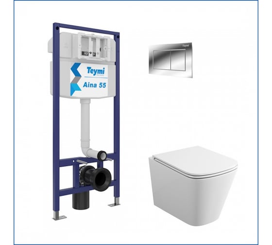 Инсталляция с унитазом комплект Teymi 5 в 1 унитаз подвесной безободковый Helmi S кнопка хром F13580 ЦБ-00285245 1