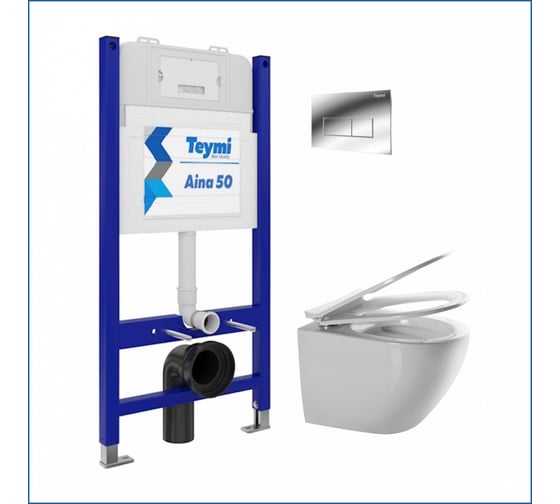 Инсталляция с унитазом комплект Teymi 5 в 1 унитаз подвесной безободковый Lina Media кнопка хром F00599 ЦБ-00285755 1