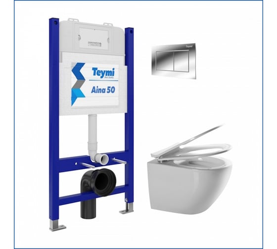 Инсталляция с унитазом комплект Teymi 5 в 1 унитаз подвесной безободковый Lina Media кнопка хром F00603 ЦБ-00285768 1