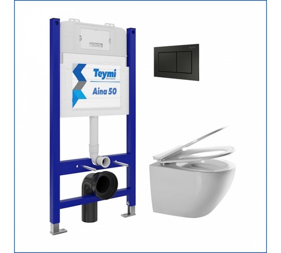 Инсталляция с унитазом комплект Teymi 5 в 1 унитаз подвесной безободковый Lina Media кнопка черная F00604 ЦБ-00285752 1