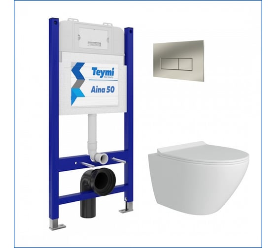 Инсталляция с унитазом комплект Teymi 5 в 1 унитаз подвесной безободковый Lina Pro кнопка нержавеюща F13511 ЦБ-00299106 1