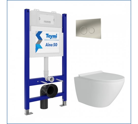 Инсталляция с унитазом комплект Teymi 5 в 1 унитаз подвесной безободковый Lina Pro кнопка нержавеющая сталь F13514 ЦБ-00285829 1