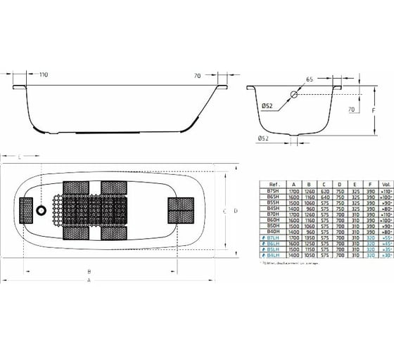 Стальная ванна BLB UNIVERSAL HG с шумоизоляцией, 170x70 см, 3.5 мм B70H