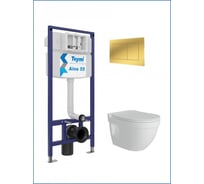 Инсталляция комплект 5 в 1 Teymi унитаз подвесной безободковый Vitra Pro кнопка золото F16077 ЦБ-00286391