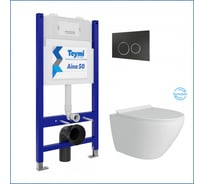 Инсталляция комплект 5 в 1 Teymi унитаз подвесной безободковый торнадо Lina Pro Vortex кнопка черная/хром F14480 ЦБ-00302402