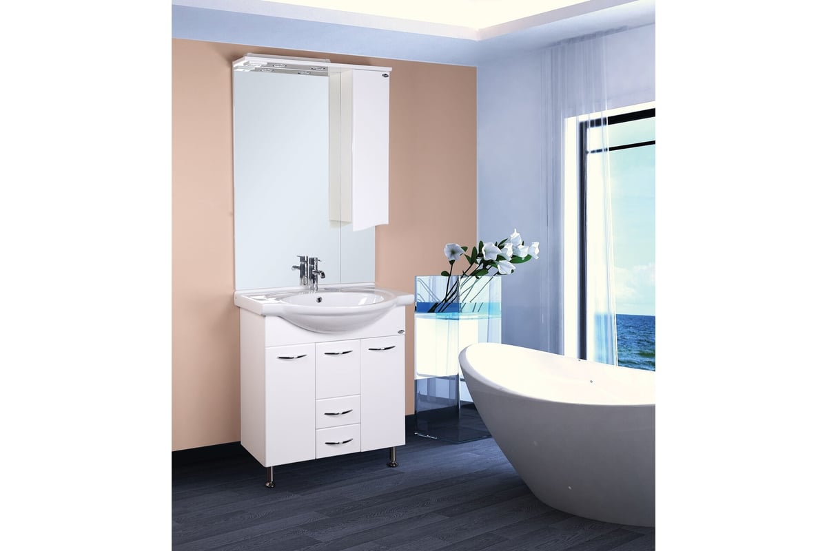 Тумба с раковиной Onika Моника 75 напольная, белая, с корзиной 107502 ...