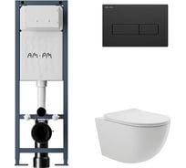 Комплект AM.PM I012711.0338 ErgoFit инсталляция для подвес унитаза с клавишей ErgoFit M пластик, черный матовый + Унитаз подвесной Long 520*365 безободковый, Vortex, сиденье Soft-Close, белый глянцевый, форма конус I012711.0338CV0210