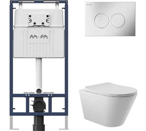 Комплект AM.PM MasterFit инсталляция для подвесного унитаза с клавишей ProC L, мат.хром + Унитаз подвесной Long 520*365 безободковый, Vortex, сиденье Soft-Close, белый глянцевый, форма конус I012710.0131CV0210 1