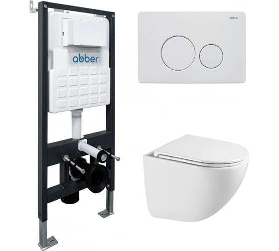 Комплект подвесной унитаз ABBER Bequem AC1131TC белый, с закрытым дном с инсталляцией AC0105 и кнопкой AC0121MW белая матовая AC1131TC-AC0105-AC0121MW 1