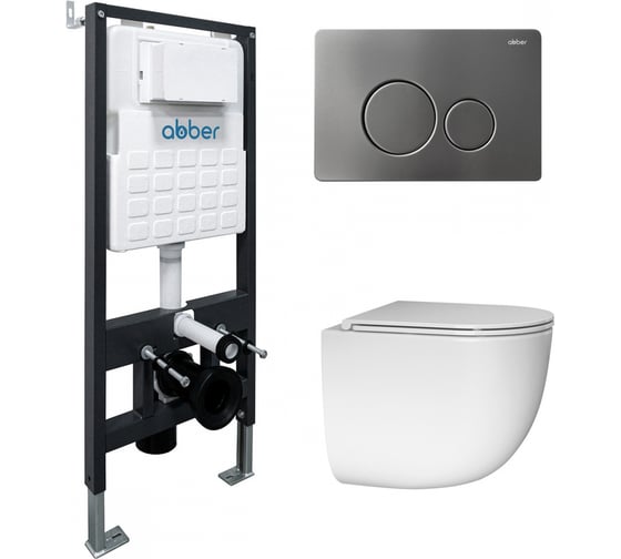 Комплект подвесной унитаз ABBER Bequem AC1132TC белый, с закрытым дном с инсталляцией AC0105 и кнопкой AC0121NG никель AC1132TC-AC0105-AC0121NG 1