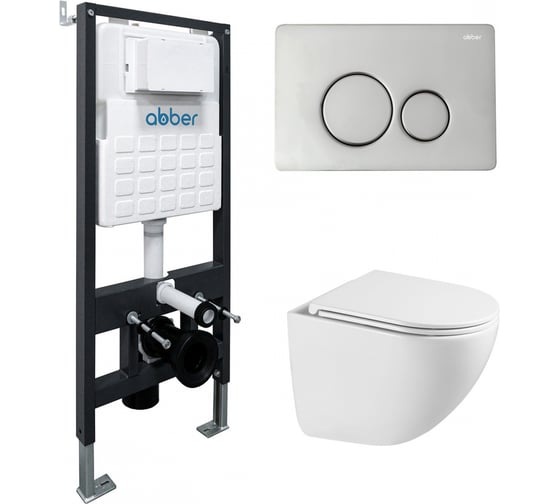 Комплект подвесной унитаз ABBER Bequem AC1131TC белый, с закрытым дном с инсталляцией AC0105 и кнопкой AC0121 хром глянцевый AC1131TC-AC0105-AC0121 1