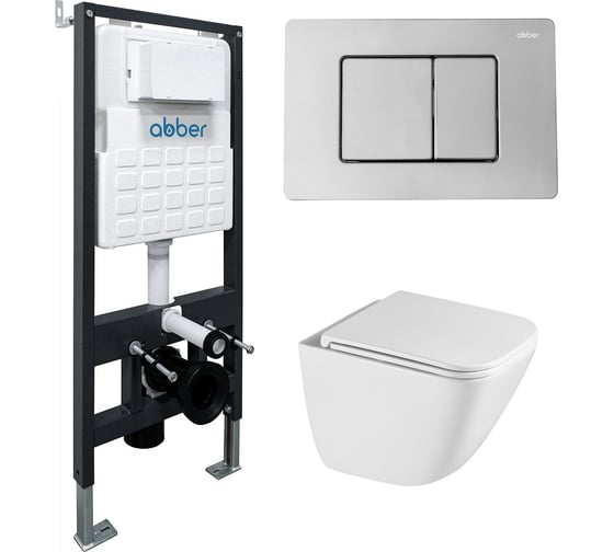 Комплект ABBER подвесной унитаз Rechteck AC1220TC белый, с закрытым дном с инсталляцией AC0105 и кнопкой AC0120 хром глянцевый AC1220TC-AC0105-AC0120 1
