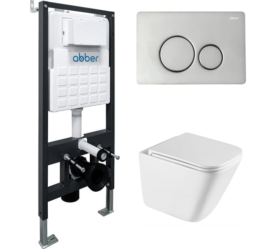 Комплект ABBER подвесной унитаз Rechteck AC1219TC белый, с закрытым дном с инсталляцией AC0105 и кнопкой AC0121 хром глянцевый AC1219TC-AC0105-AC0121 1