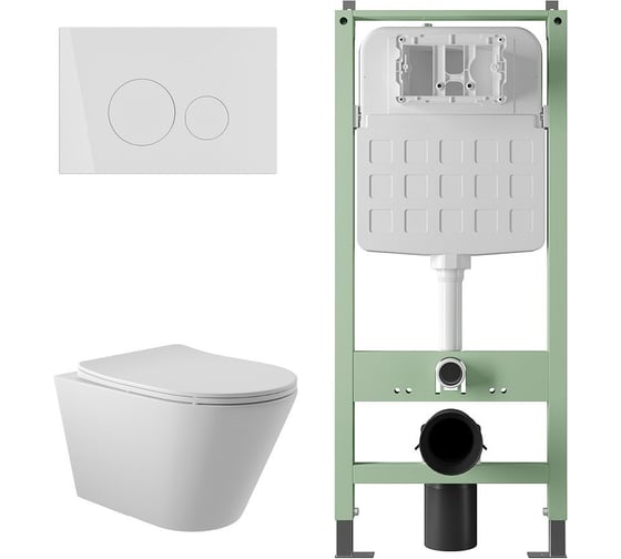 Комплект ALENTORI Инсталляция SISTEMA, панель смыва с круглыми кнопками, белый матовый + Унитаз подвесной Long 525х360 безободковый, Vortex (Торнадо), сиденье с микролифтом, белый матовый, форма конус ALS.SIS1101.WHCV2120 1