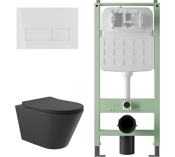 Комплект ALENTORI Инсталляция SISTEMA, панель смыва с прямоугольными кнопками, белый матовый + Унитаз подвесной Long 525х360 безободковый, Vortex (Торнадо), Soft-Close, черный матовый, форма конус ALS.SIS1102.WHCV2140 1