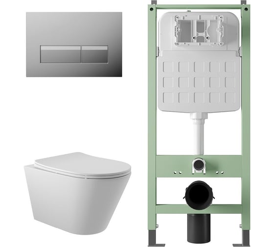 Комплект ALENTORI Инсталляция SISTEMA, панель смыва с прямоугольными кнопками, хром + Унитаз подвесной Long 525х360 безободковый, Vortex (Торнадо), сиденье с микролифтом, белый матовый, форма конус ALS.SIS1102.CRCV2120 1